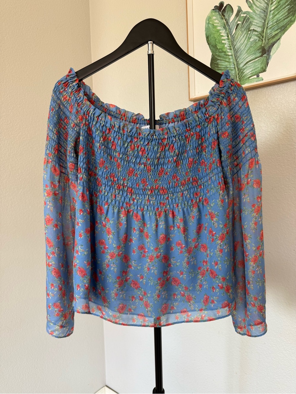 Intermix Blue Floral Silk Off Shoulder Blouse S